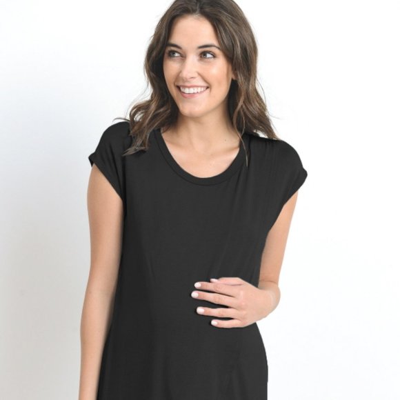 [CND1059] BK/GY Round Neck Color Block Asymmetrical Wrap Modal Nursing Tunic - Picture 2 of 4